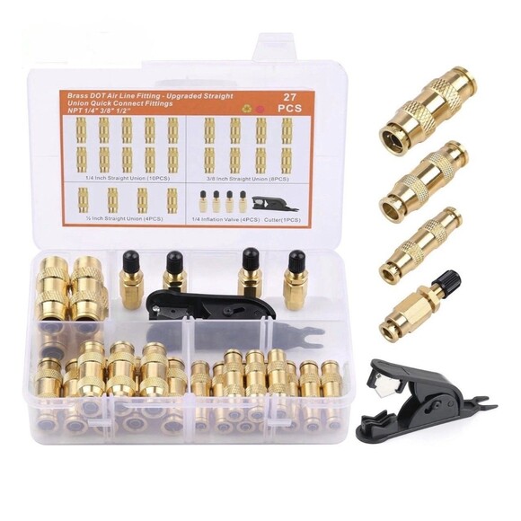 27 Piece Brass DOT Air Line Fittings Kit Push Lock Quick Connect 1/4" 3/8" 1/2" - Picture 1 of 10